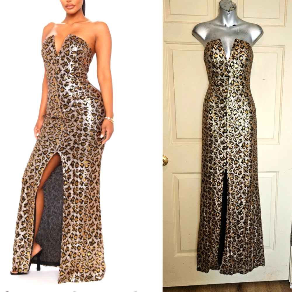 Leopard Sequin Maxi Dress - Gold/combo